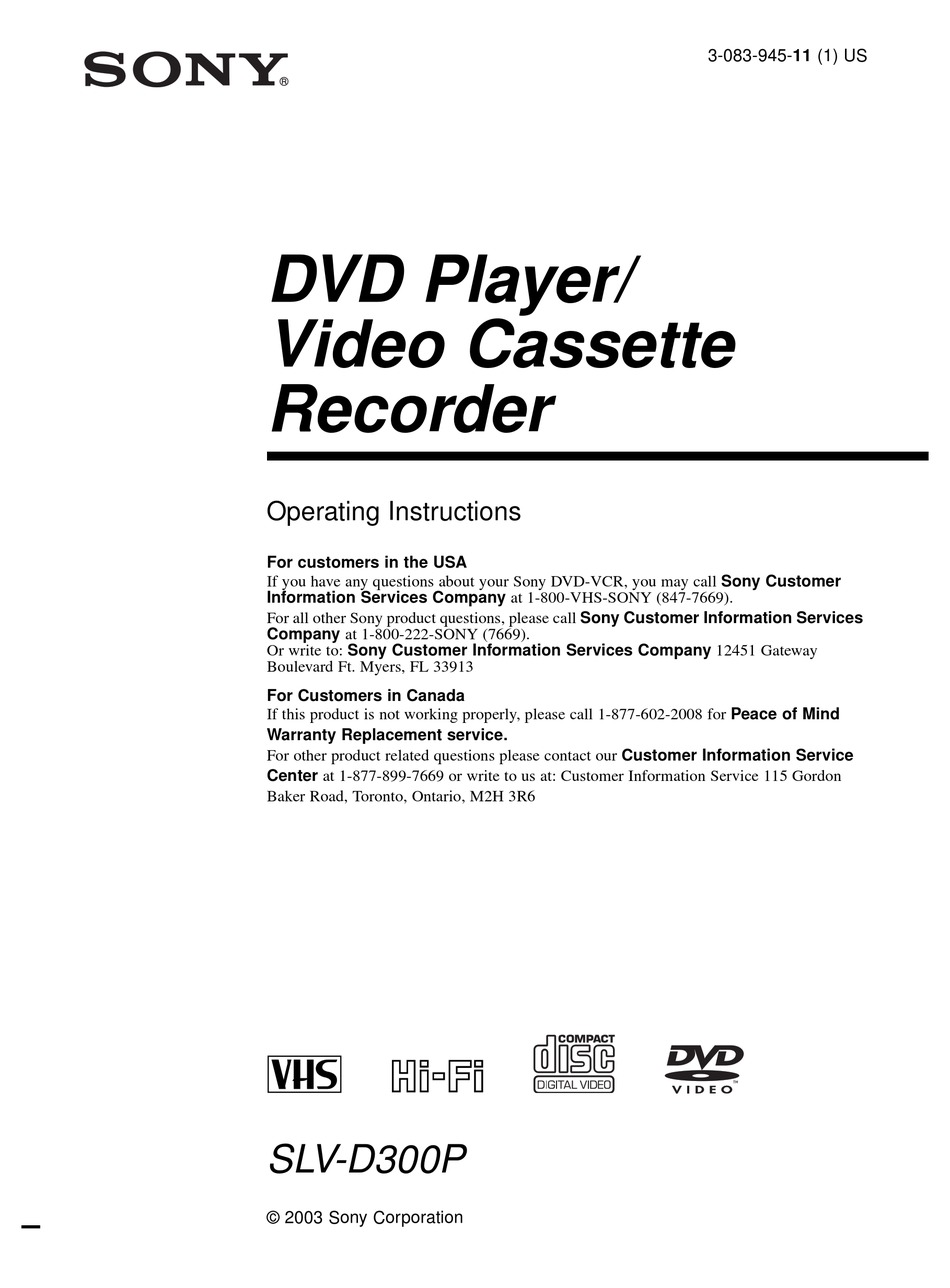SONY SLV-D300P OPERATING INSTRUCTIONS MANUAL Pdf Download | ManualsLib