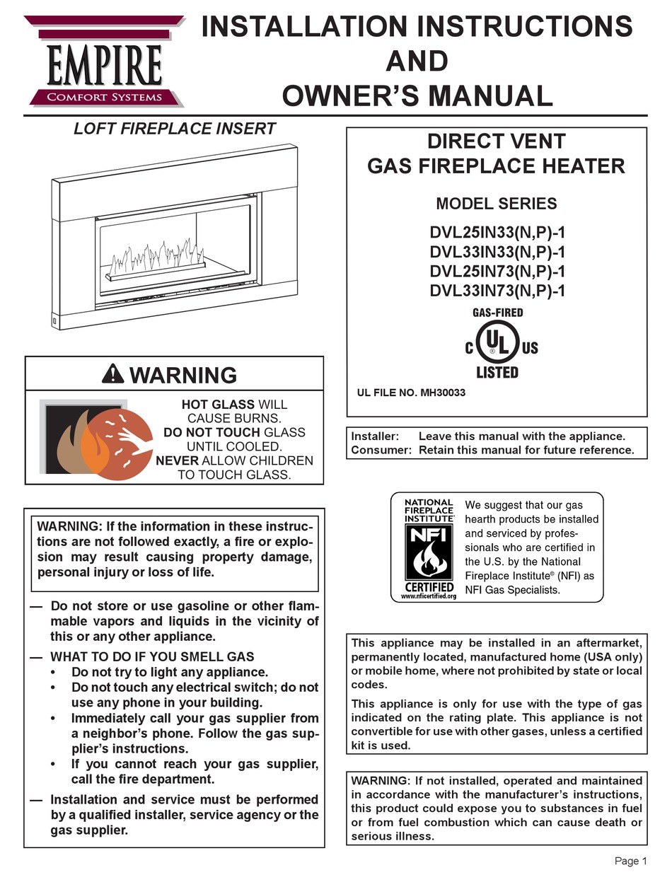 EMPIRE COMFORT SYSTEMS DVL25IN73N1 OWNER