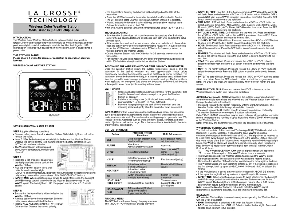 LA CROSSE 308145 QUICK SETUP MANUAL Pdf Download ManualsLib