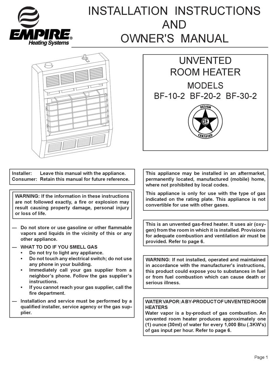 EMPIRE HEATING SYSTEMS BF102 INSTALLATION INSTRUCTIONS AND OWNER'S