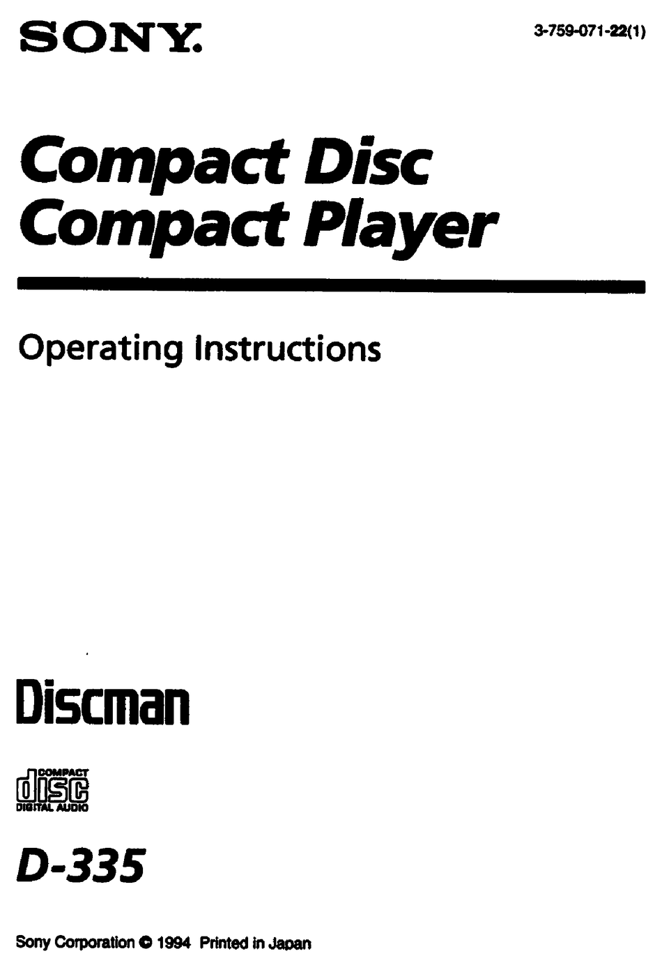 SONY DISCMAN D-335 OPERATING INSTRUCTIONS MANUAL Pdf Download