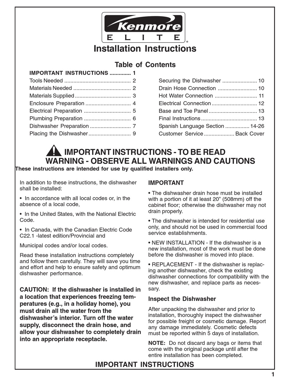 KENMORE DISHWASHER INSTALLATION INSTRUCTIONS MANUAL Pdf Download