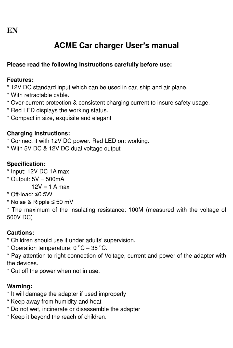 ACME CAR CHARGER USER MANUAL Pdf Download ManualsLib
