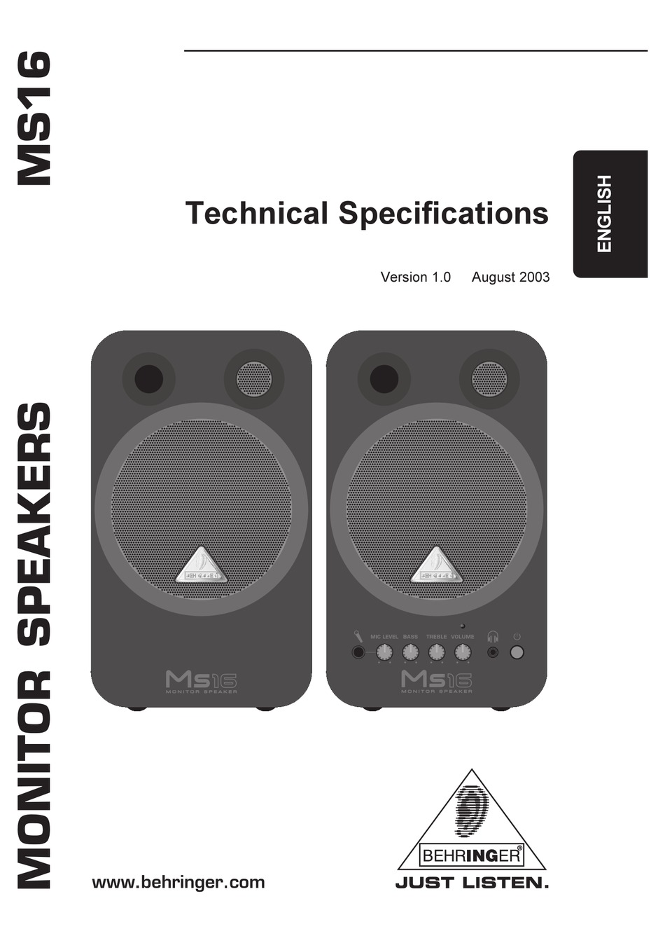 BEHRINGER MONITOR SPEAKERS MS16 TECHNICAL SPECIFICATIONS Pdf Download ManualsLib