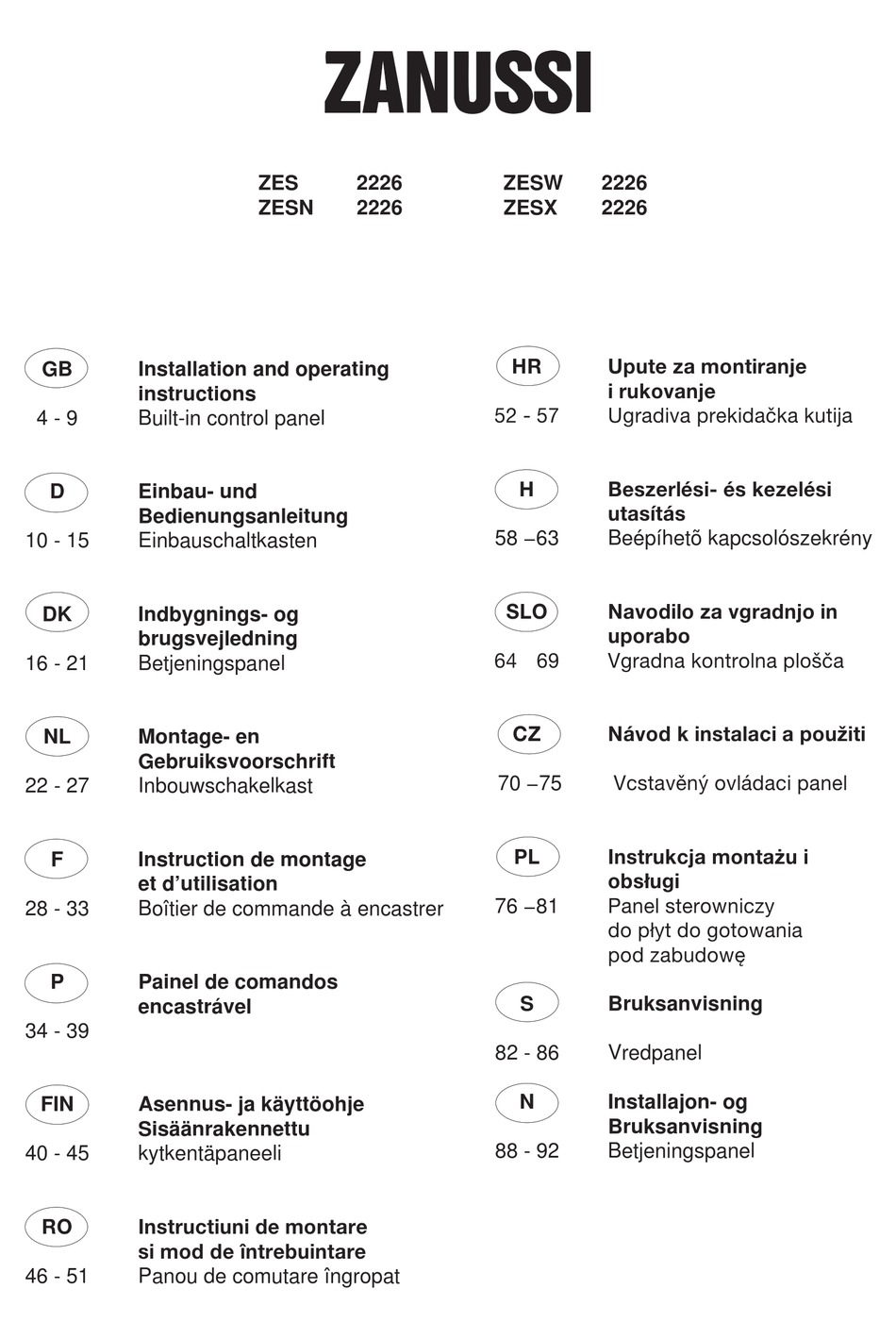 ZANUSSI ZES 2226 INSTALLATION AND OPERATING INSTRUCTIONS MANUAL Pdf