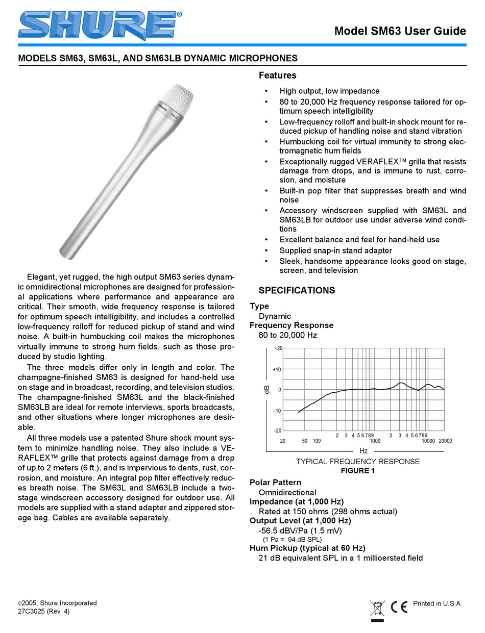 SHURE SM63 USER MANUAL Pdf Download | ManualsLib