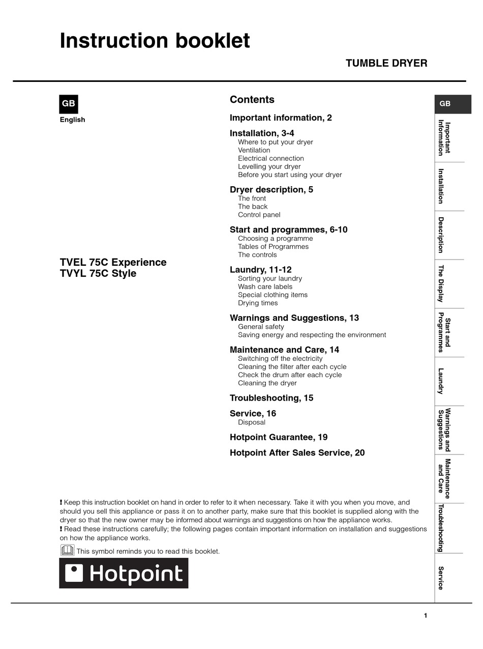 HOTPOINT TVEL 75C EXPERIENCE INSTRUCTION BOOKLET Pdf Download | ManualsLib