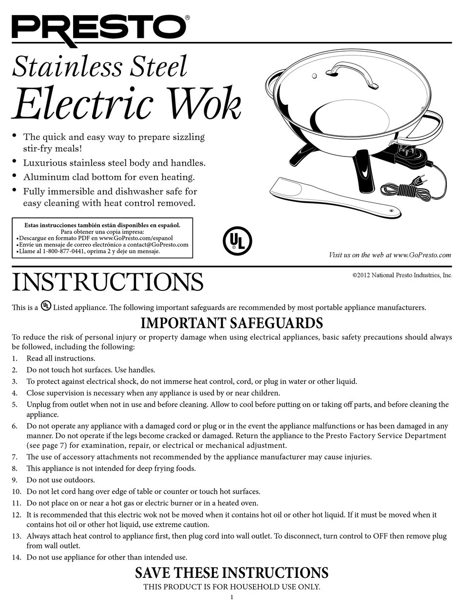 PRESTO ELECTRIC WOK INSTRUCTIONS MANUAL Pdf Download ManualsLib