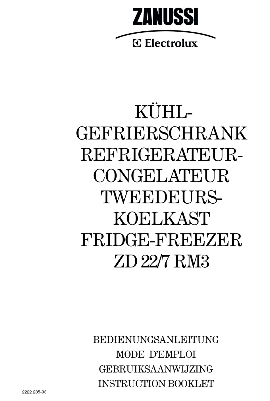 ZANUSSI ELECTROLUX ZD 22/7 RM3 INSTRUCTION BOOKLET Pdf Download ManualsLib