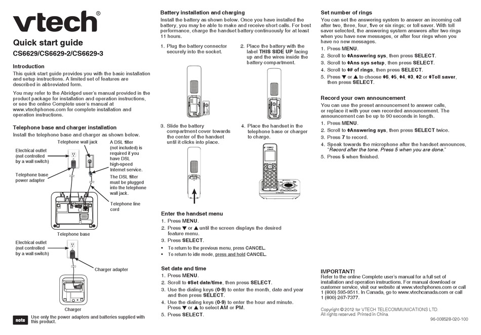 VTECH CS6629 QUICK START MANUAL Pdf Download | ManualsLib
