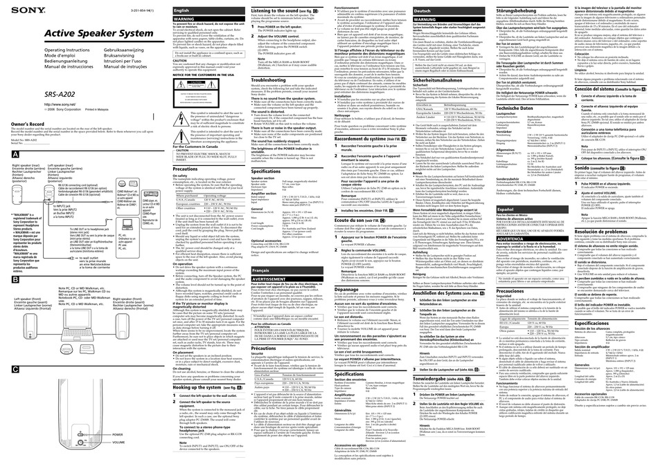 SONY SRS-A202 OPERATING INSTRUCTIONS Pdf Download | ManualsLib