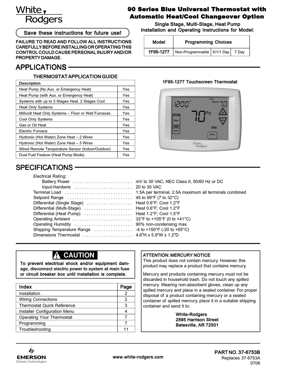 WHITE RODGERS 1F95-1277 INSTALLATION AND OPERATING INSTRUCTIONS MANUAL ...