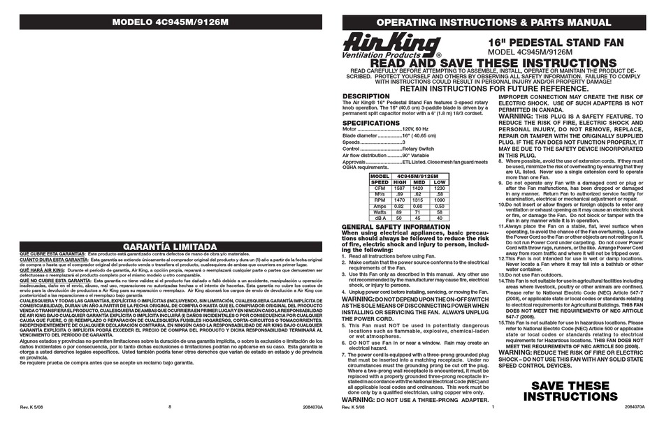 AIR KING 4C945M OPERATING INSTRUCTIONS & PARTS MANUAL Pdf Download