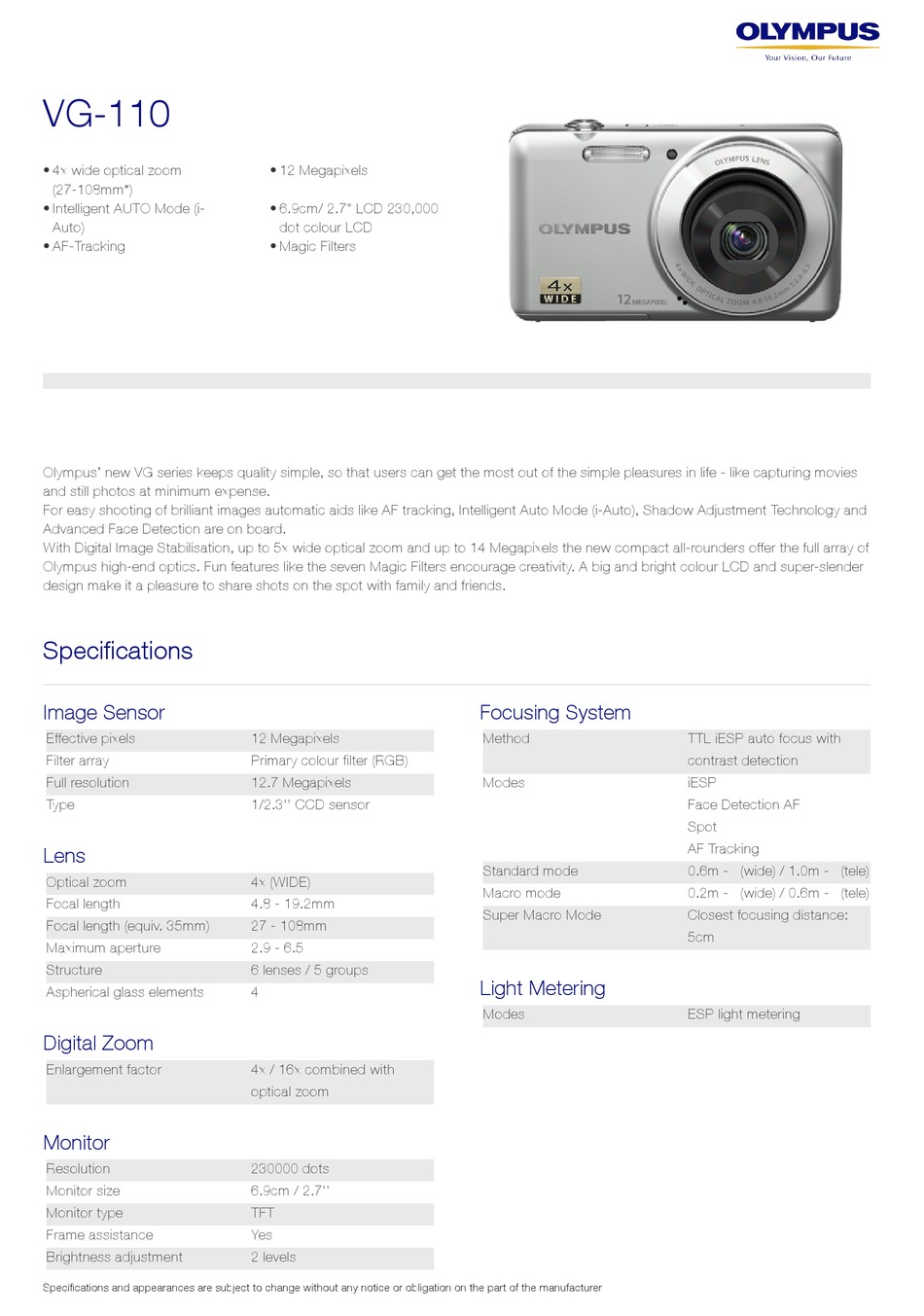 Olympus Vg 110 Specifications Pdf Download Manualslib