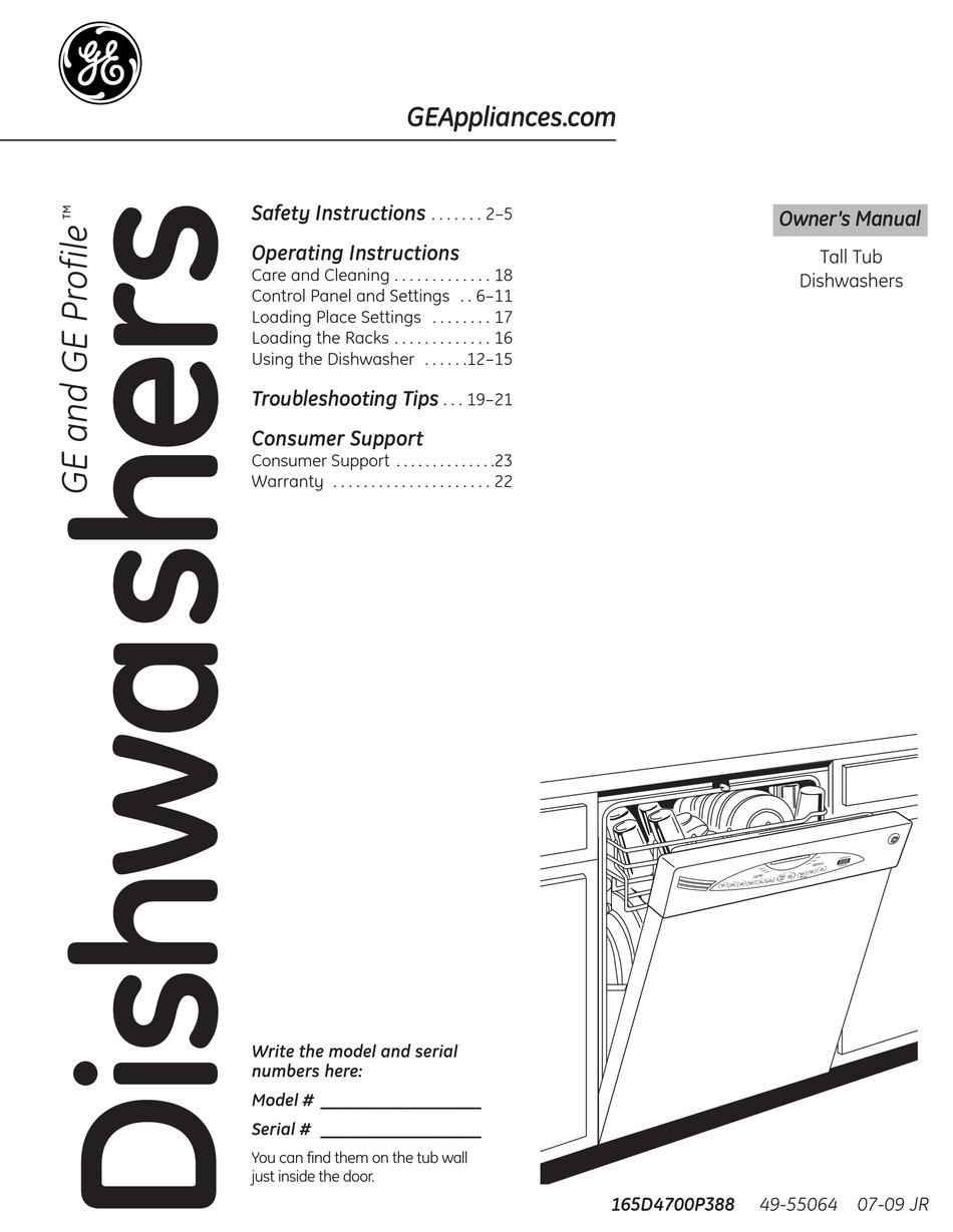 GE TALL TUB DISHWASHERS OWNER'S MANUAL Pdf Download ManualsLib