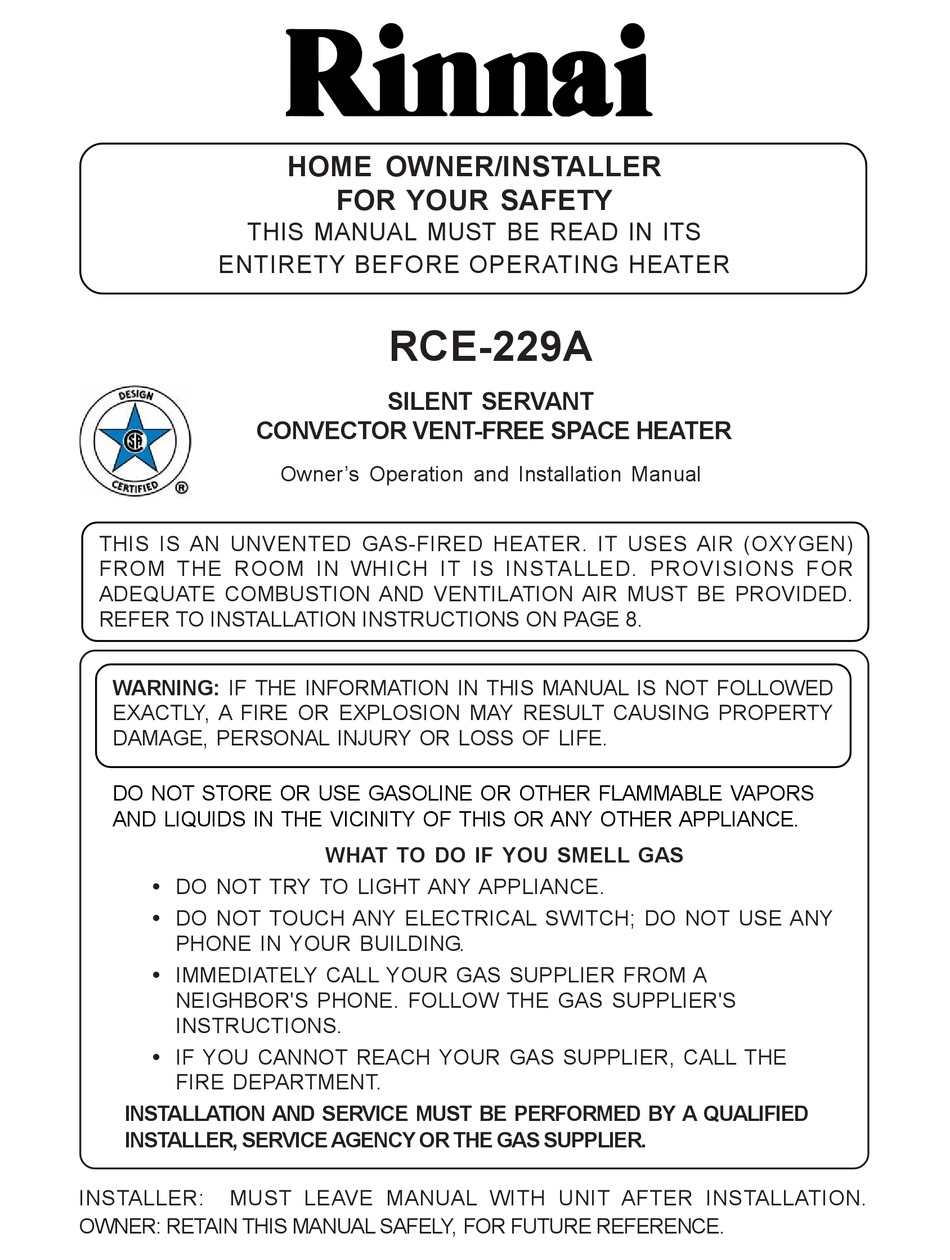 RINNAI RCE-229A OWNER'S OPERATION AND INSTALLATION MANUAL Pdf Download |  ManualsLib