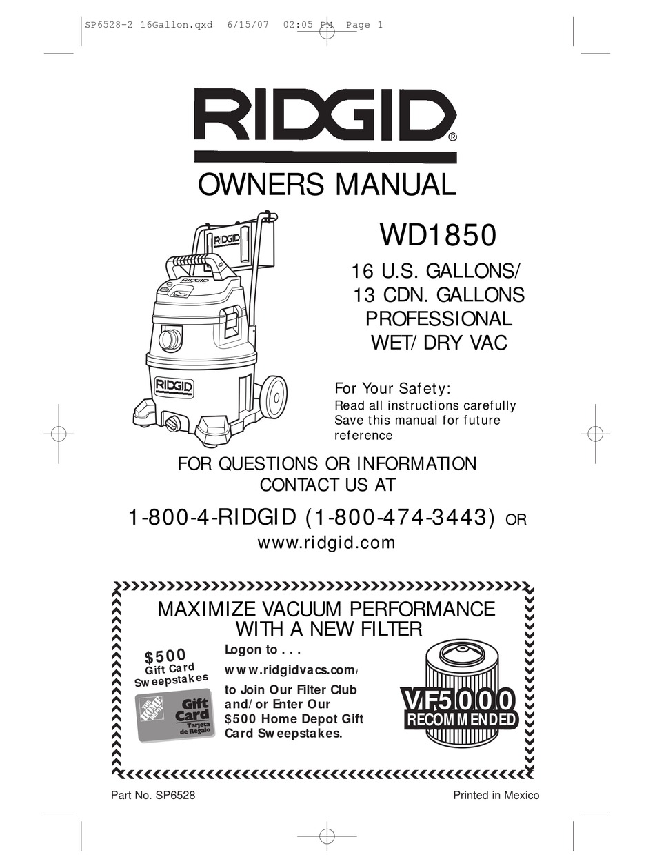 RIDGID WD1850 OWNER'S MANUAL Pdf Download | ManualsLib