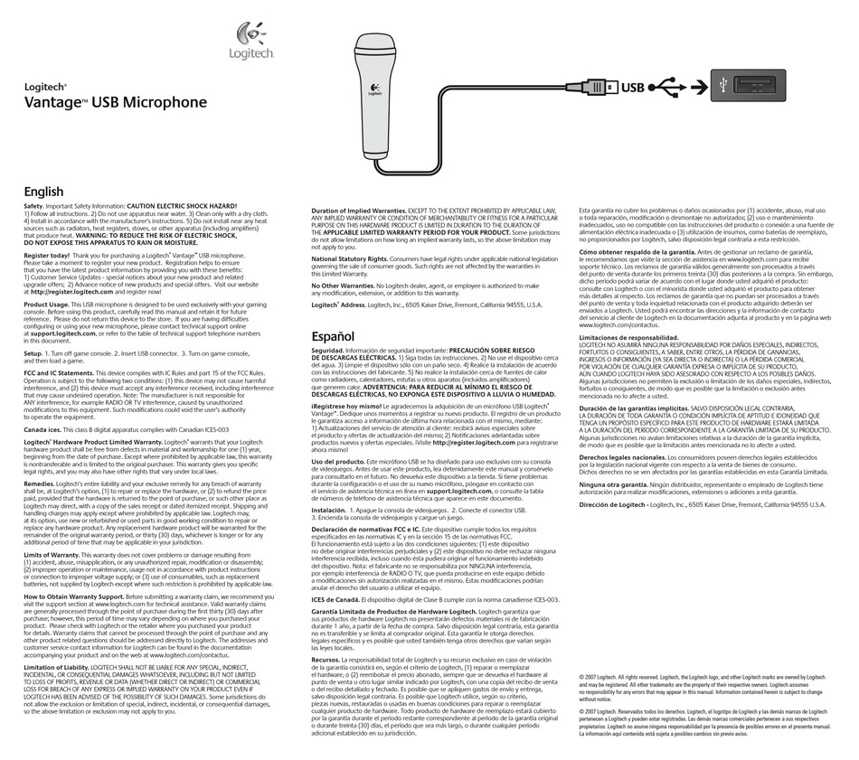 LOGITECH VANTAGE USB MICROPHONE QUICK MANUAL Pdf Download ManualsLib