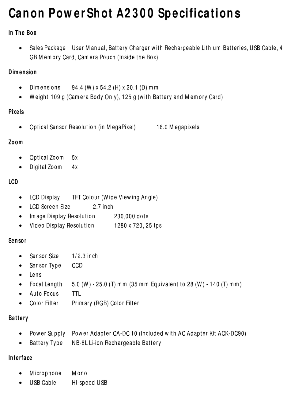 canon a2300 specs