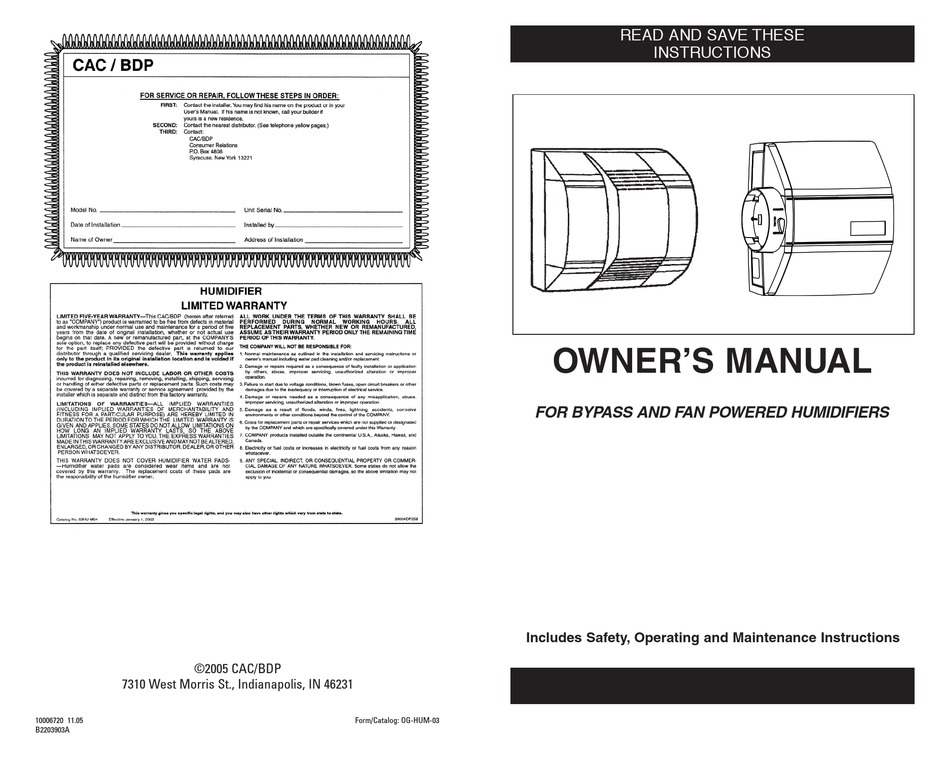 CAC / BDP FOR BYPASS AND FAN POWERED HUMIDIFIERS OWNER'S MANUAL Pdf