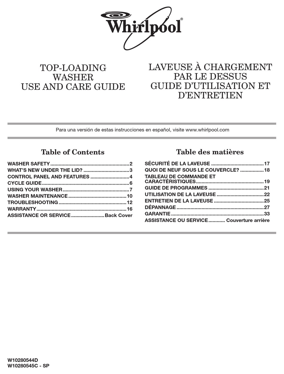 WHIRLPOOL TOPLOADING WASHER USE AND CARE MANUAL Pdf Download ManualsLib