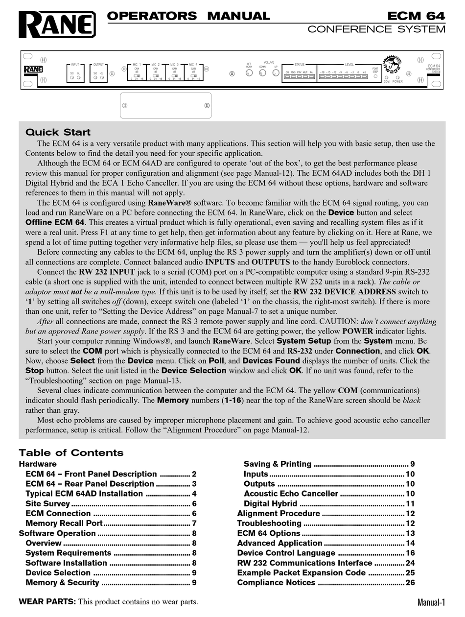 RANE ECM 64 OPERATOR'S MANUAL Pdf Download ManualsLib