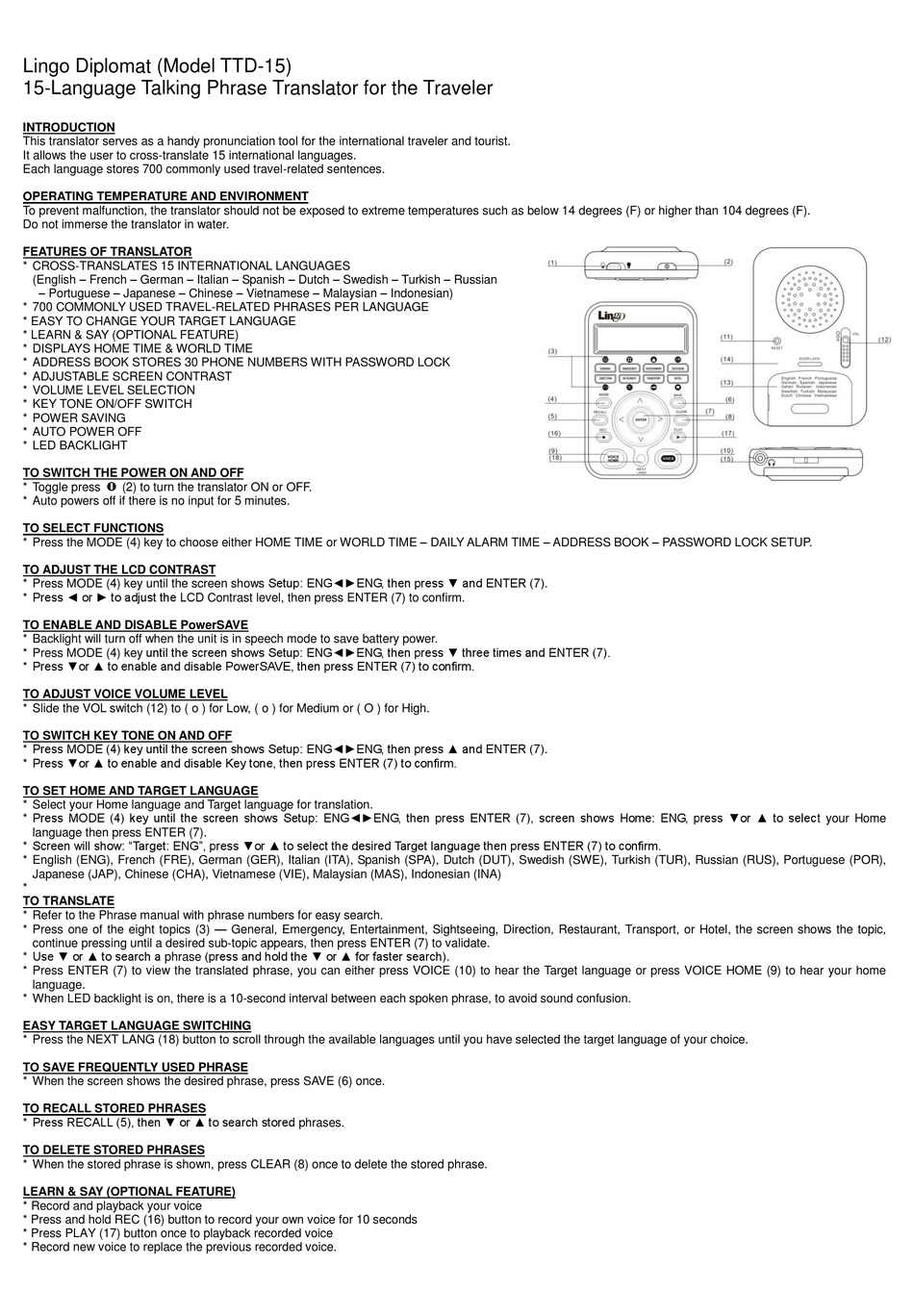 LINGO DIPLOMAT TTD-15 USER MANUAL Pdf Download  ManualsLib