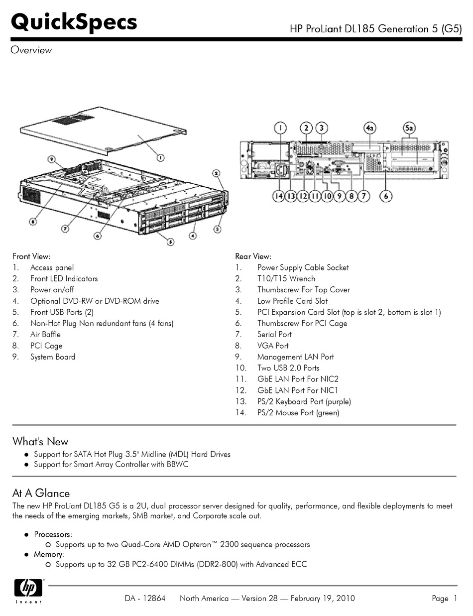 HP PROLIANT DL185 QUICKSPECS Pdf Download | ManualsLib