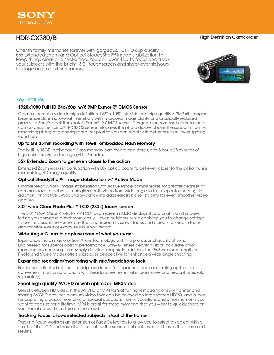 SONY HDR-CX380 QUICK MANUAL Pdf Download | ManualsLib