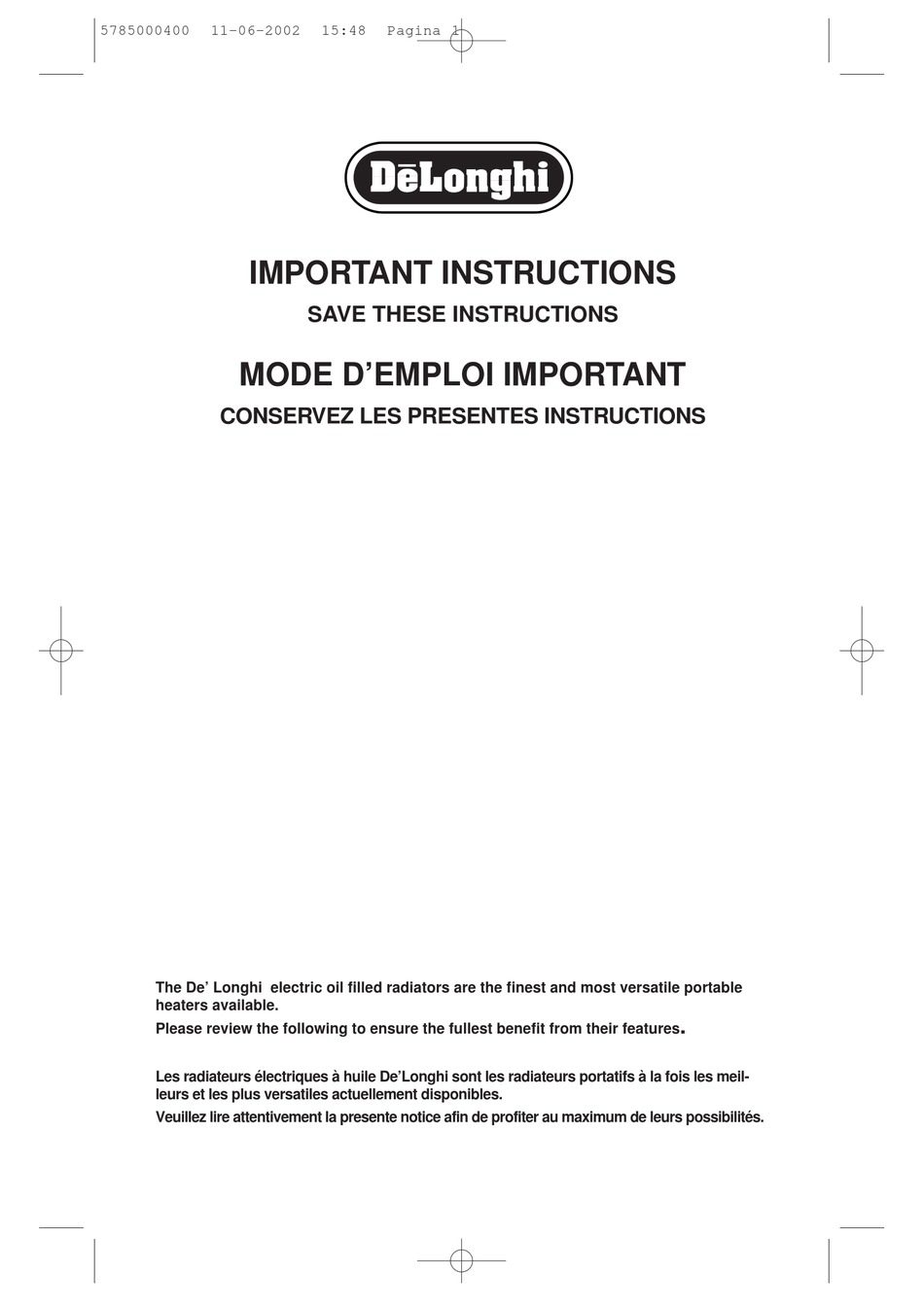 DELONGHI RADIATOR IMPORTANT INSTRUCTIONS MANUAL Pdf Download ManualsLib