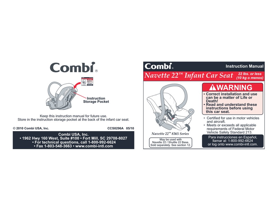 Combi Navette 22 8365 Series, Combi Shuttle Infant Car Seat Manual