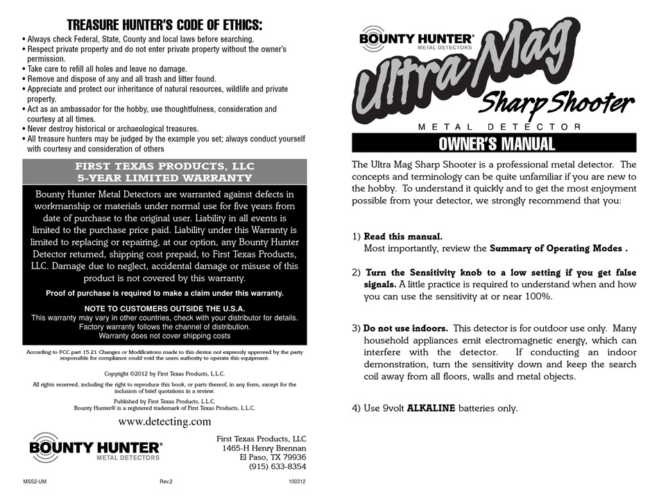 Bounty Hunter Ultra Mag Sharp Shooter Owner S Manual Pdf Download Manualslib