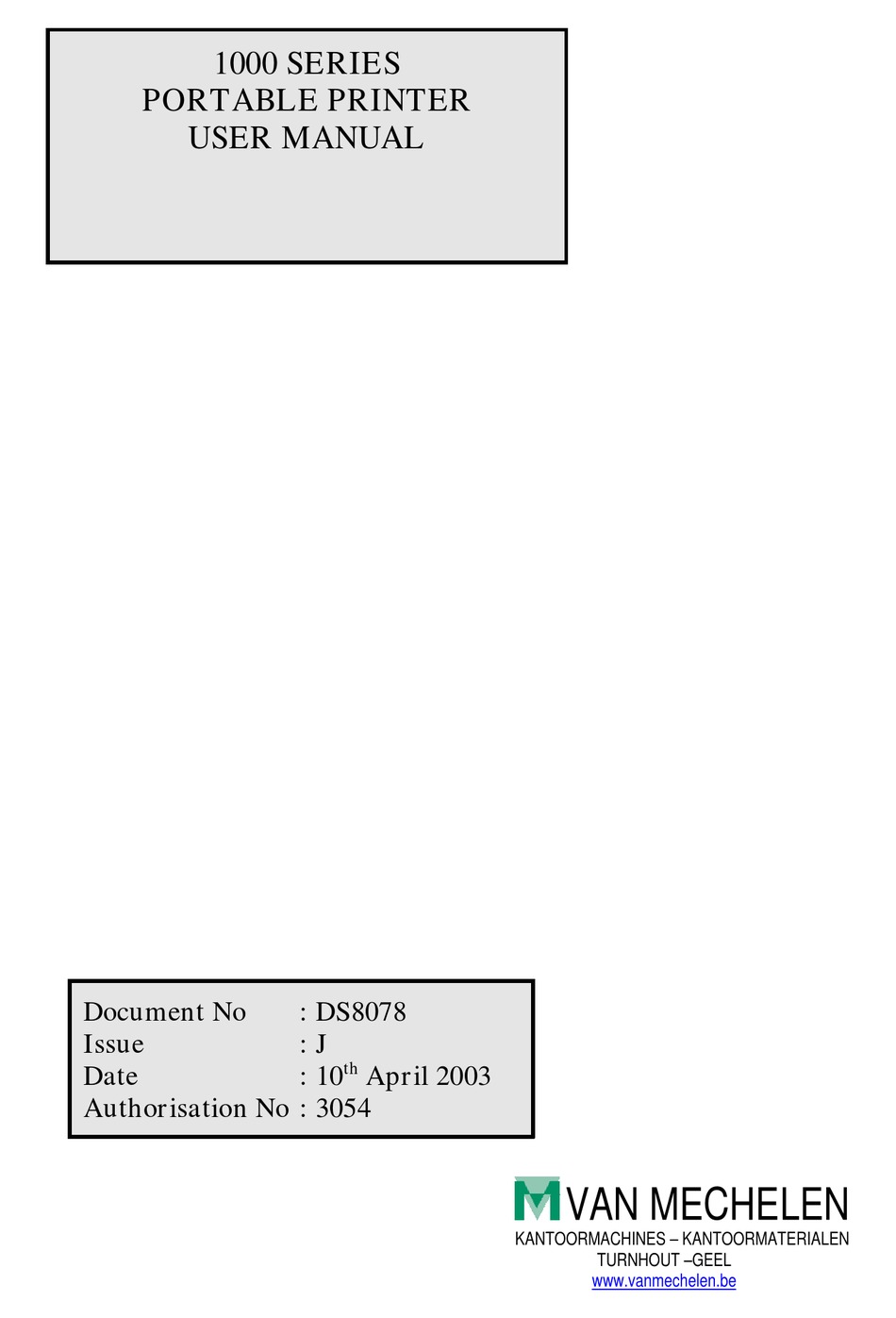 Van Mechelen 1000 Series User Manual Pdf Download Manualslib