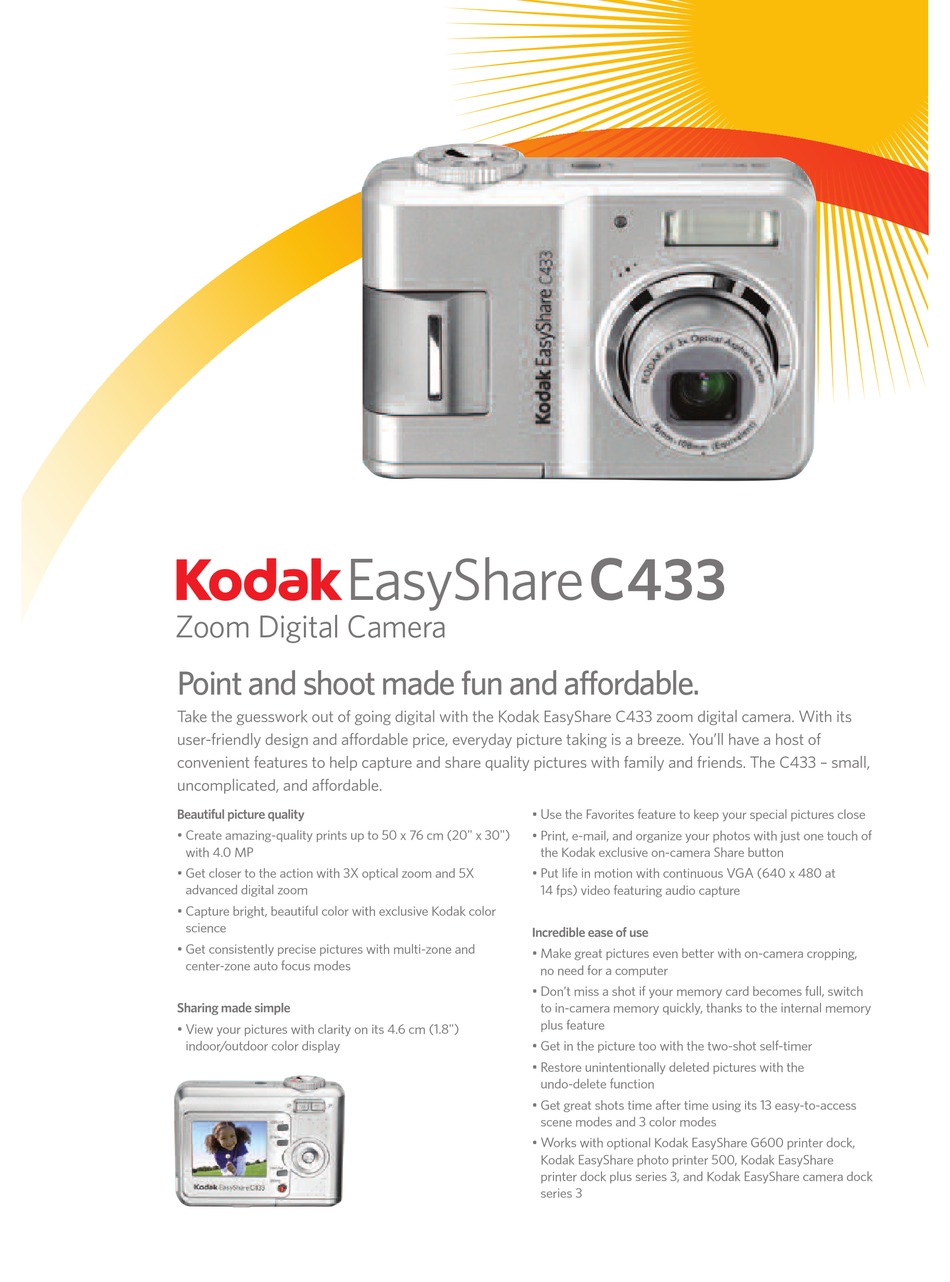 KODAK EASYSHARE C433 SPECFICATIONS Pdf Download | ManualsLib