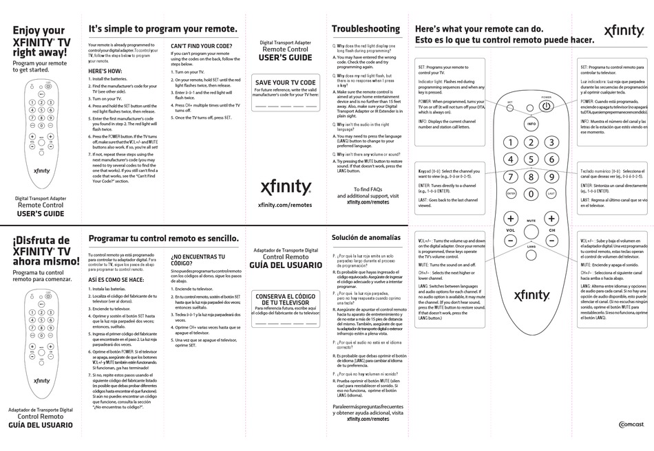 Xfinity Digital Transport Adapter Remote Control Manual - Transport