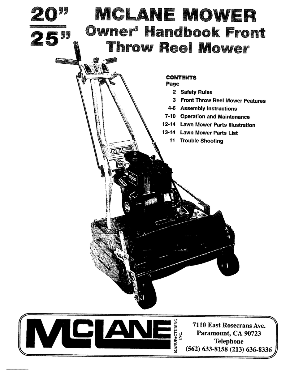 Front Throw Reel Mower Repair Parts - Mclane 20 Owner's Handbook