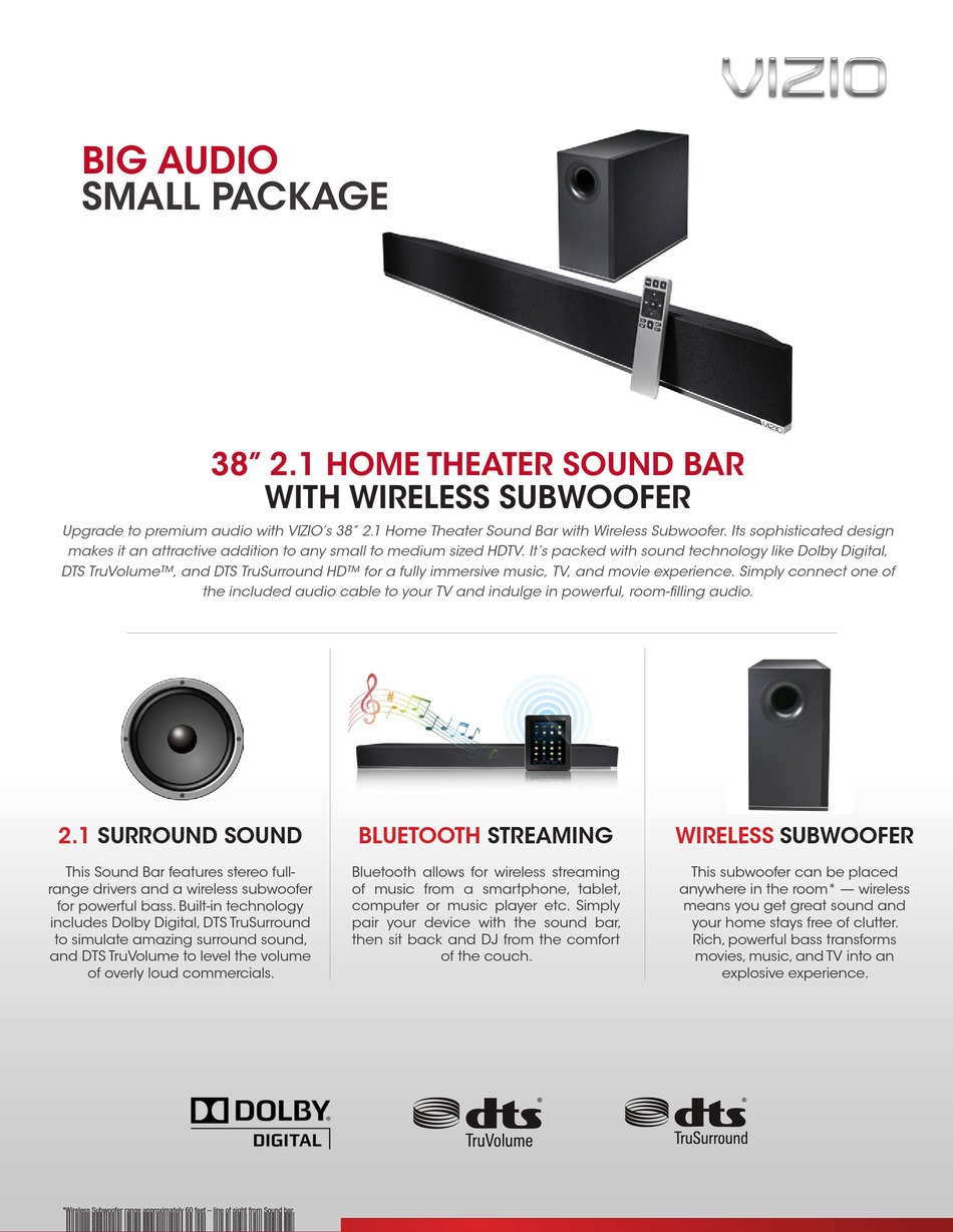 VIZIO 38â 2.1 HOME THEATER SOUND BAR BROCHURE & SPECS Pdf Download | ManualsLib