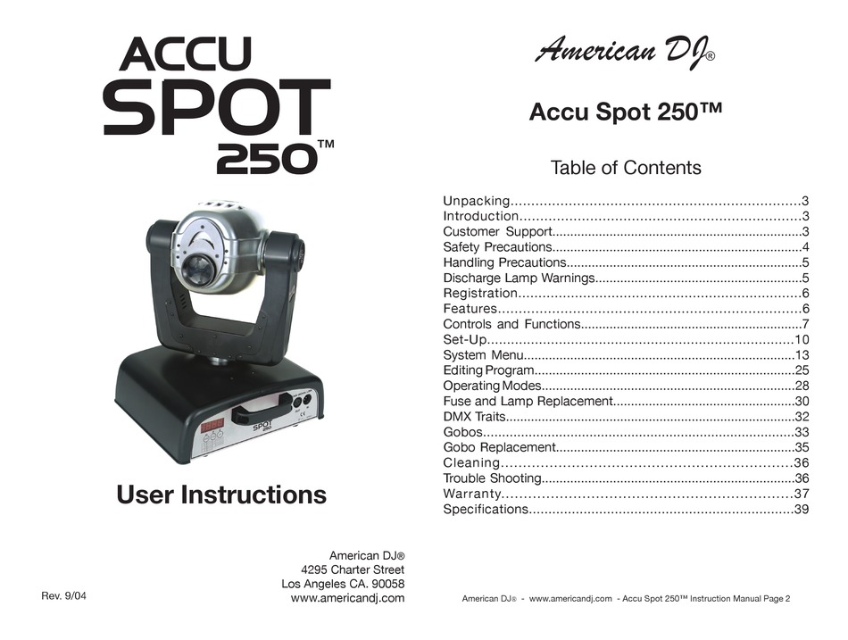 American Dj Accu Spot 250 User Instructions Pdf Download Manualslib