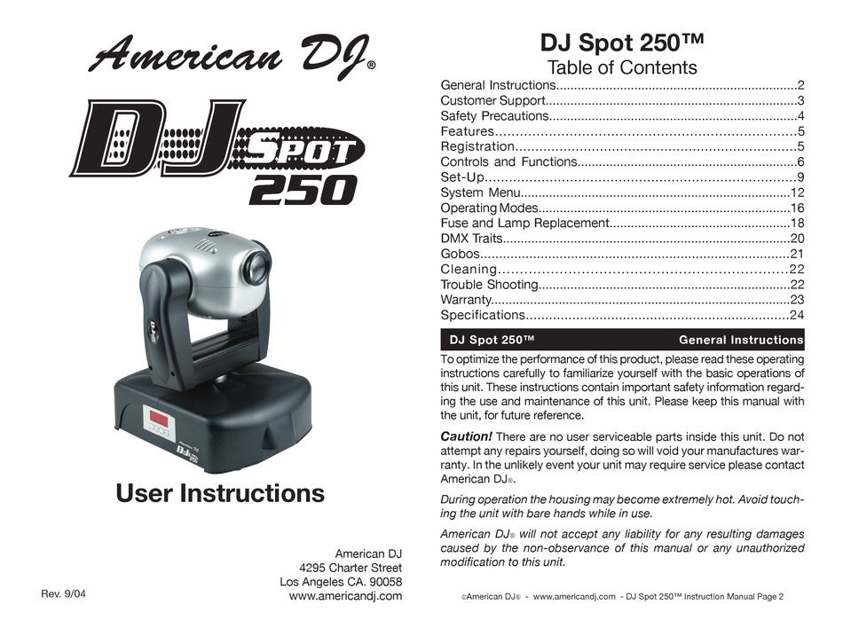 American Dj Dj Spot 250 User Instructions Pdf Download Manualslib
