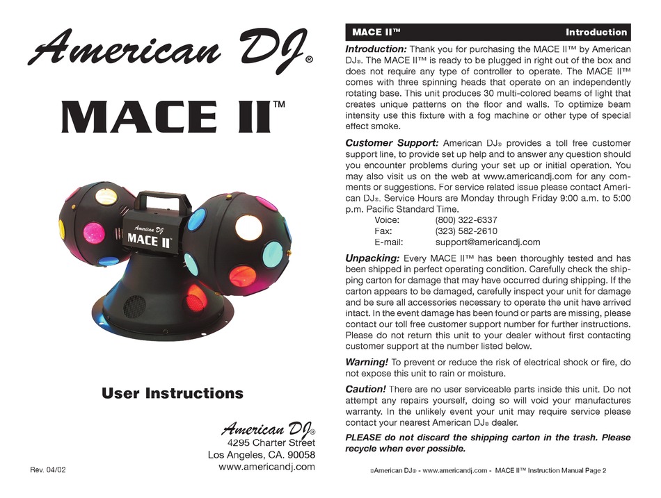 AMERICAN DJ MACE II USER INSTRUCTIONS Pdf Download ManualsLib