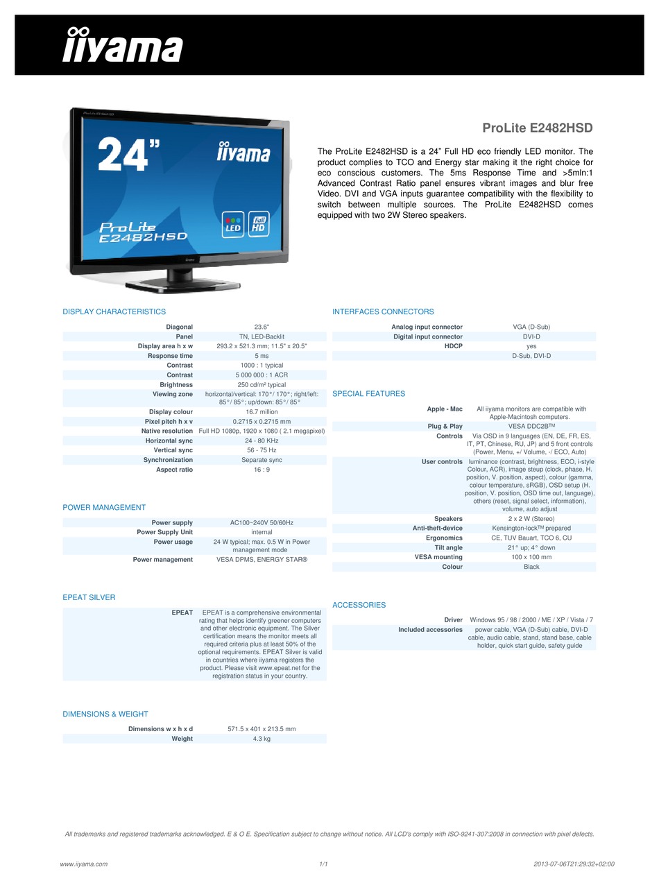 IIYAMA PROLITE E2482HSD SPECIFICATION 