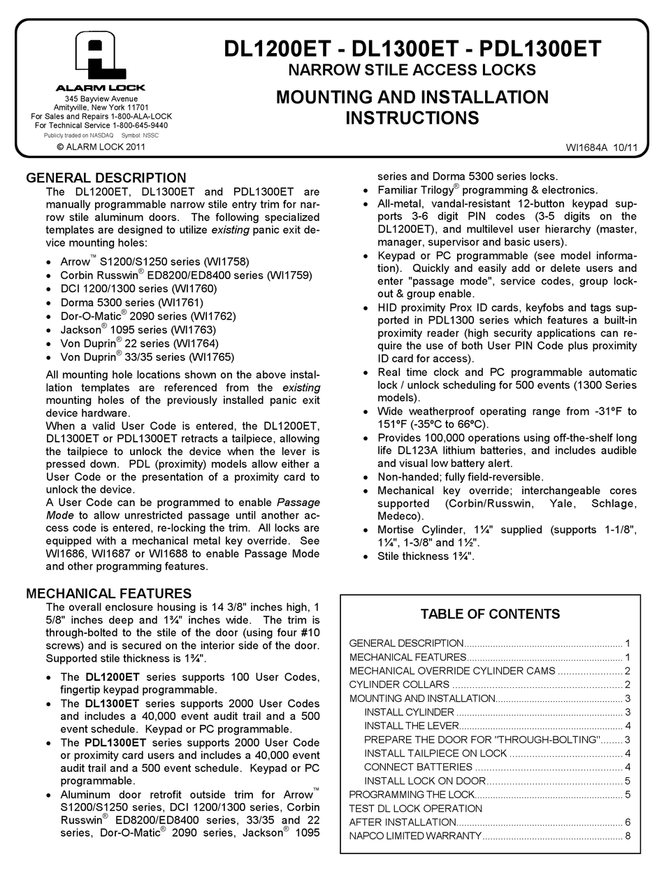 ALARM LOCK DL1200ET INSTALLATION INSRUCTIONS Pdf Download | ManualsLib