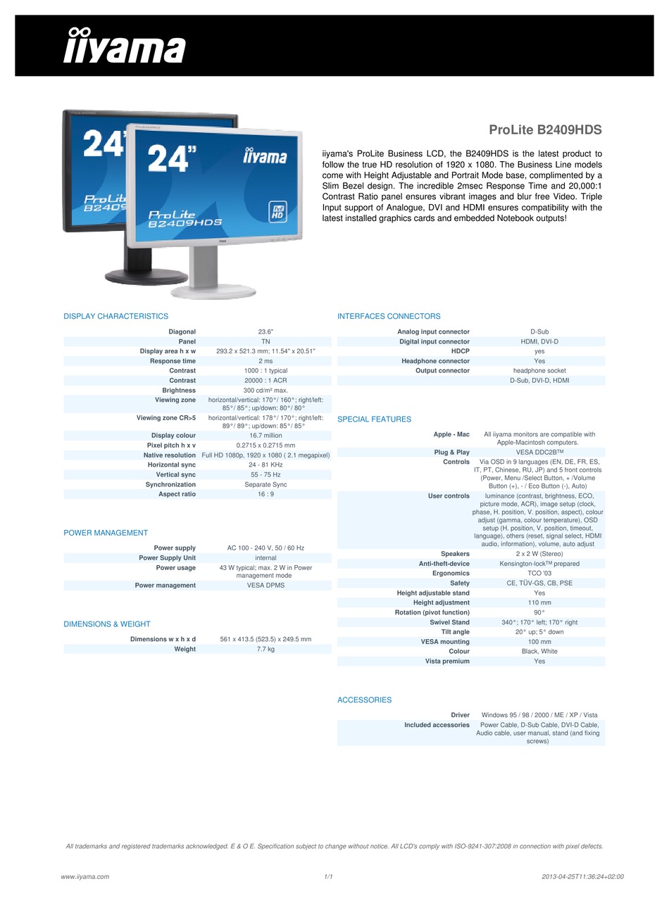 IIYAMA PROLITE B2409HDS SPECIFICATION 