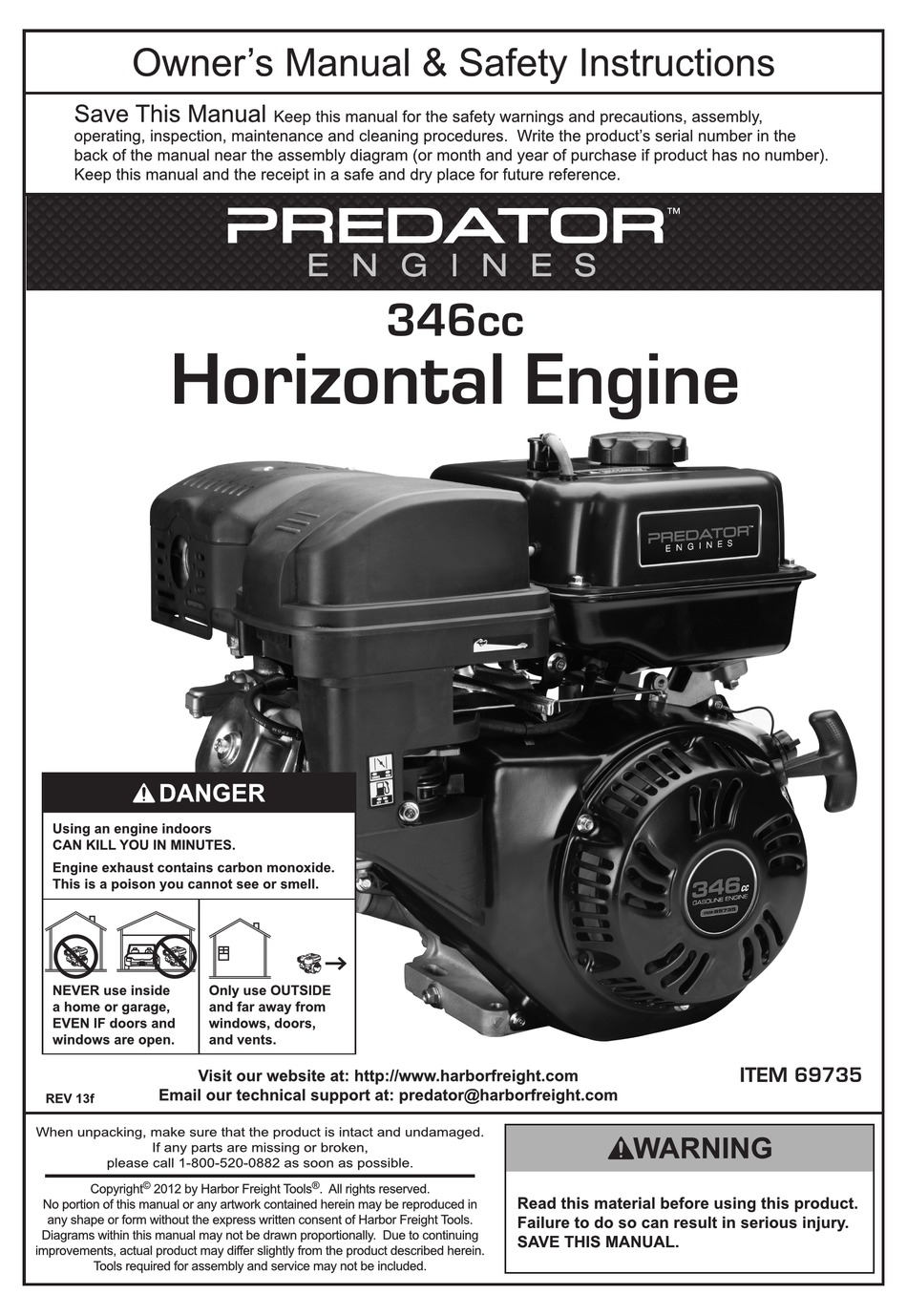 PREDATOR ENGINES 346CC OWNER'S MANUAL & SAFETY INSTRUCTIONS Pdf ...