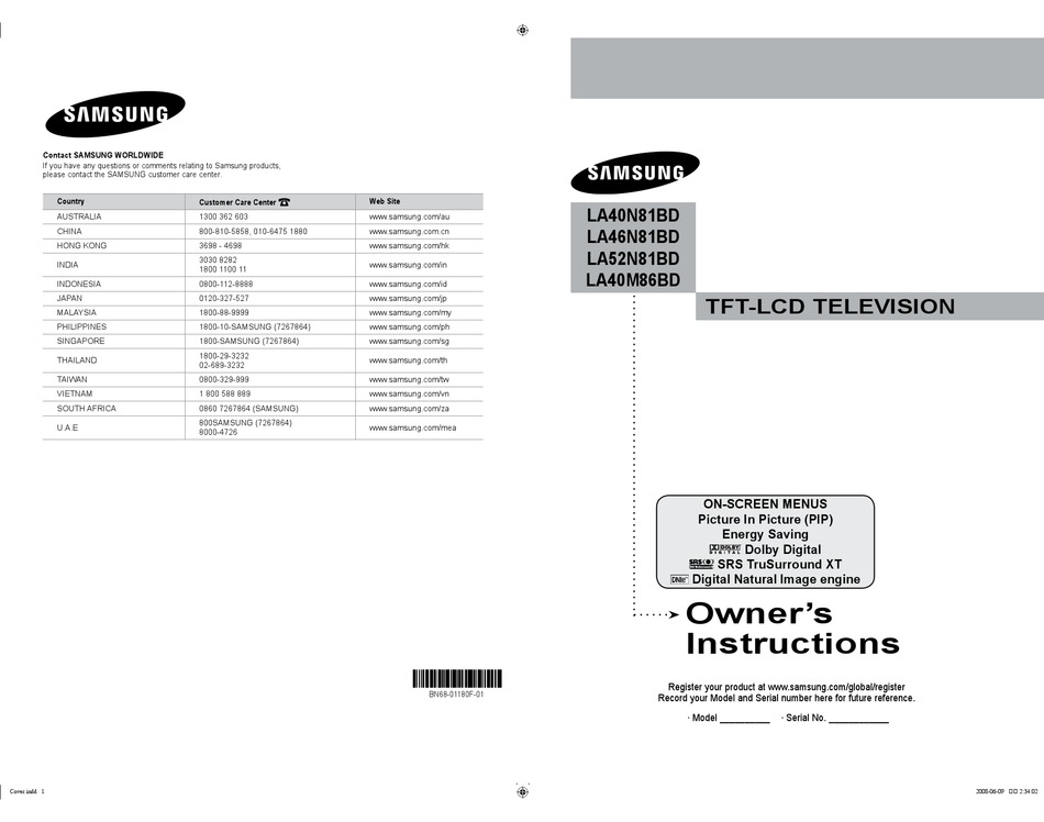 Samsung La40m86bd Owner S Instructions Manual Pdf Download Manualslib