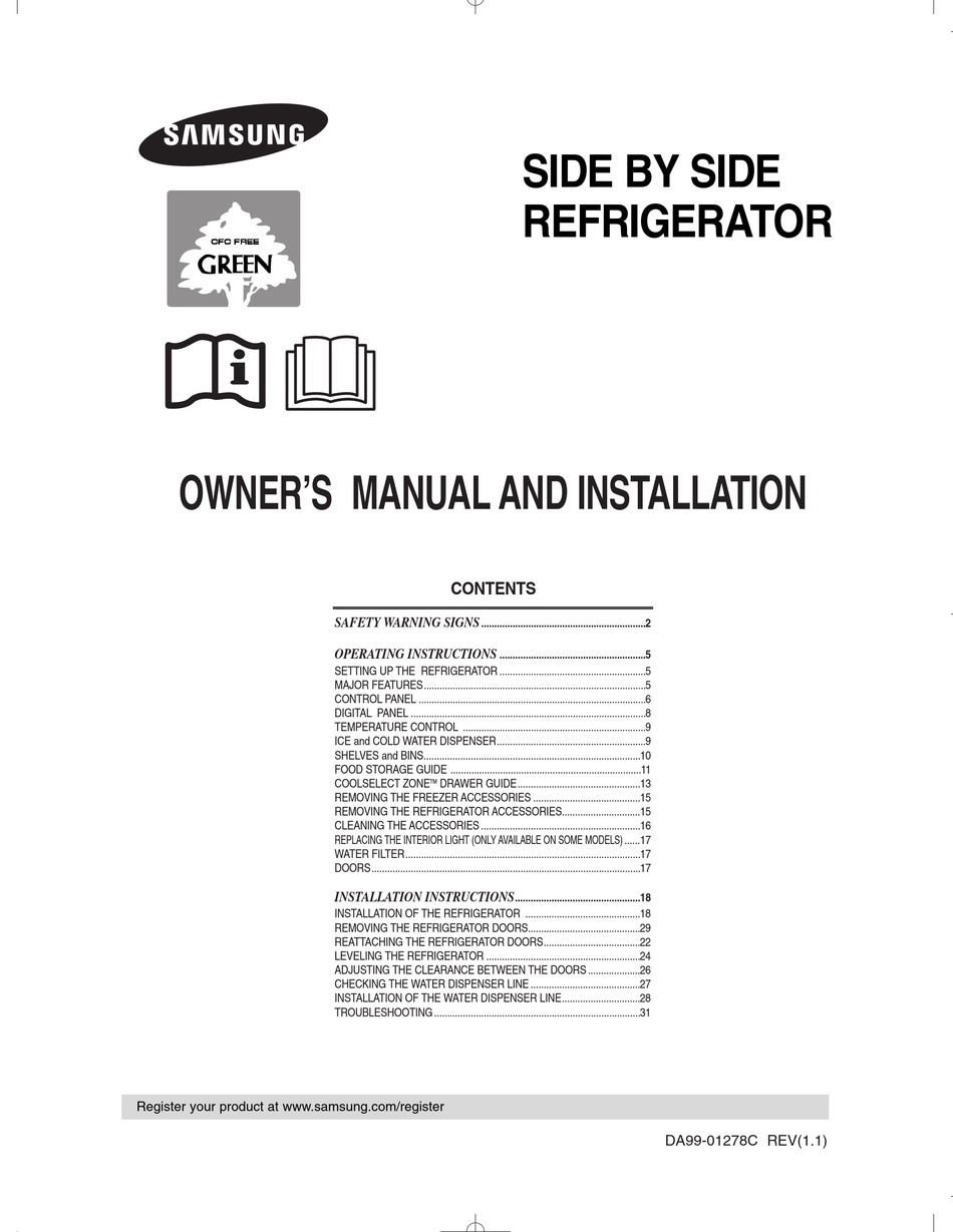 SAMSUNG SIDE BY SIDE REFRIGERATOR OWNER'S MANUAL AND INSTALLATION Pdf