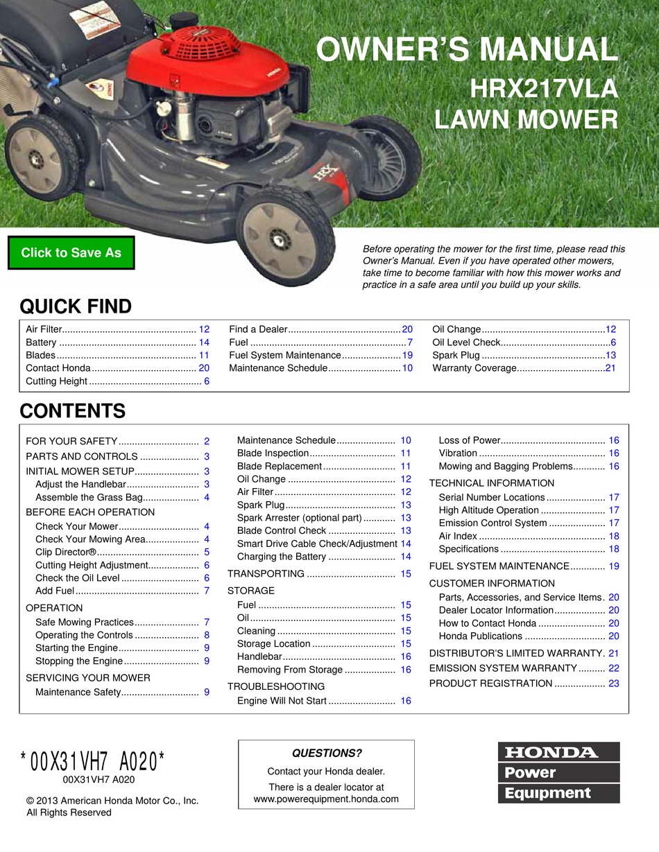 HONDA HRX217VLA OWNER'S MANUAL Pdf Download | ManualsLib