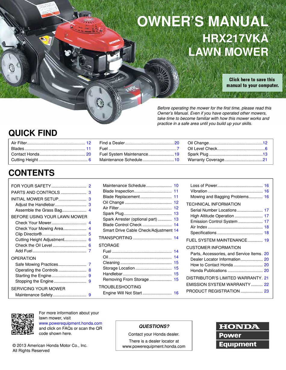 HONDA HRX217VKA OWNER'S MANUAL Pdf Download | ManualsLib