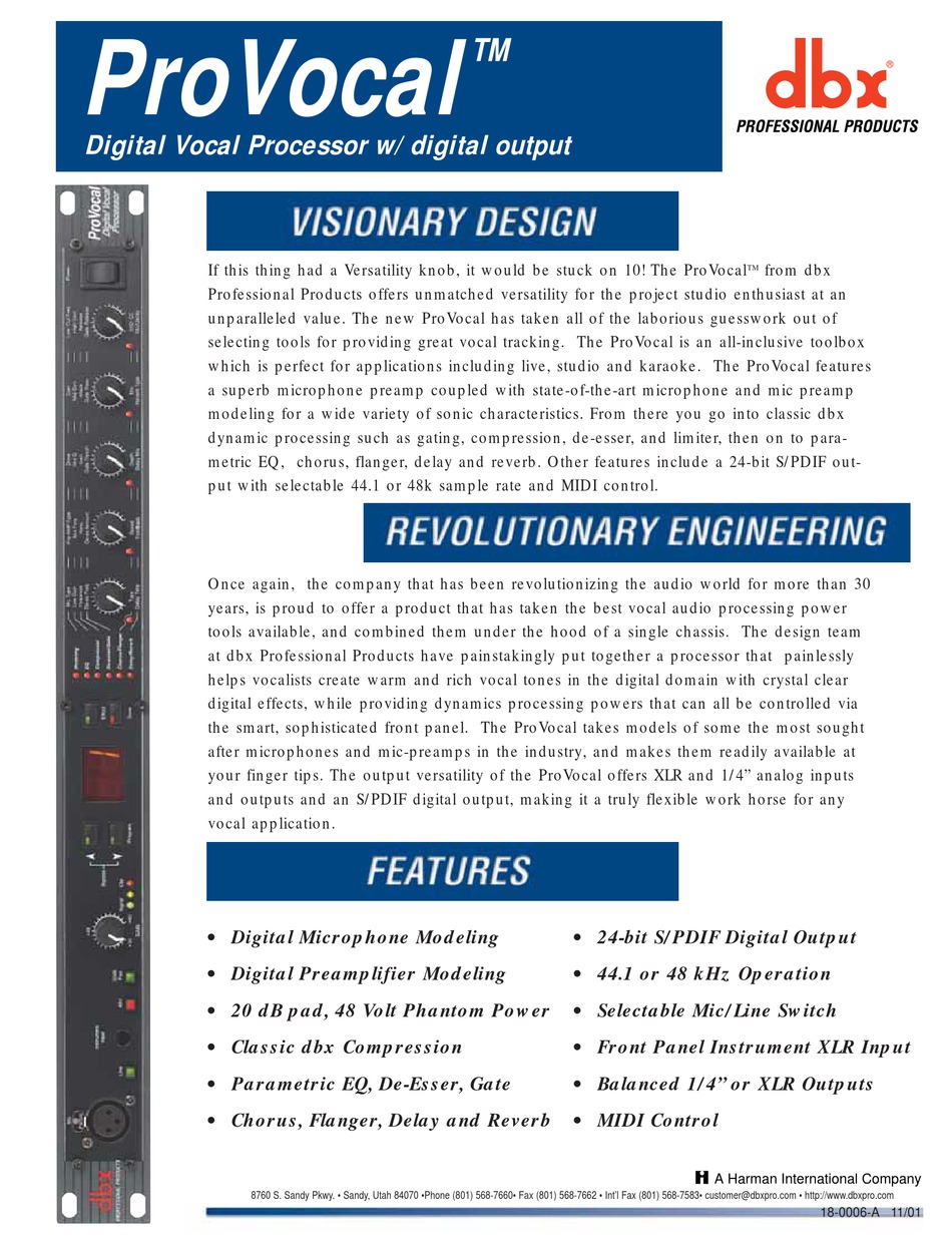 DBX PROVOCAL SPECIFICATIONS Pdf Download | ManualsLib