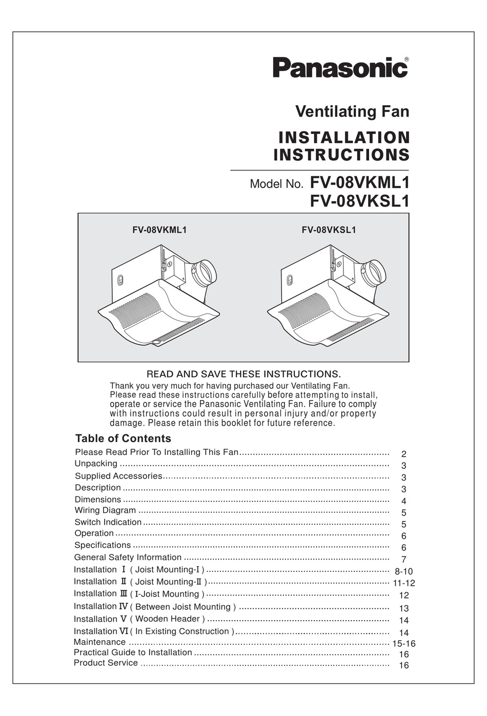 PANASONIC FV08VKML1 INSTALLATION INSTRUCTIONS MANUAL Pdf Download